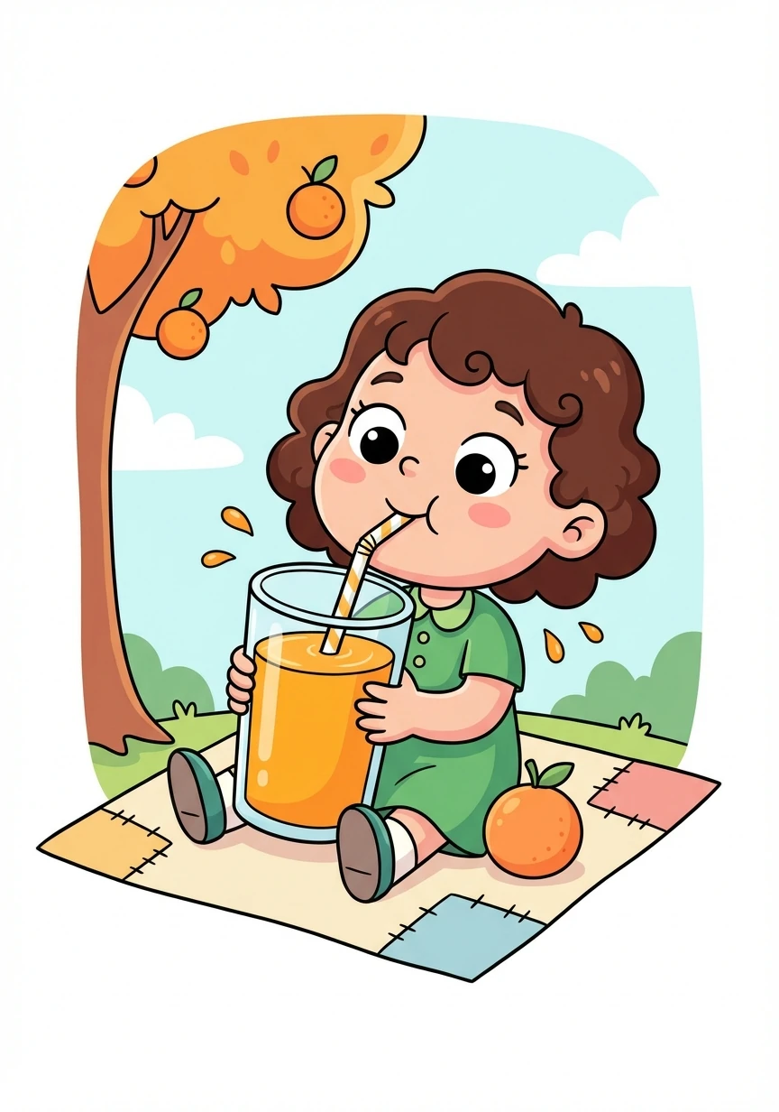 Letter: J. Word: Juice. Explanation: A tasty drink made from fruits! Lily sips on a glass of refreshing orange juice.