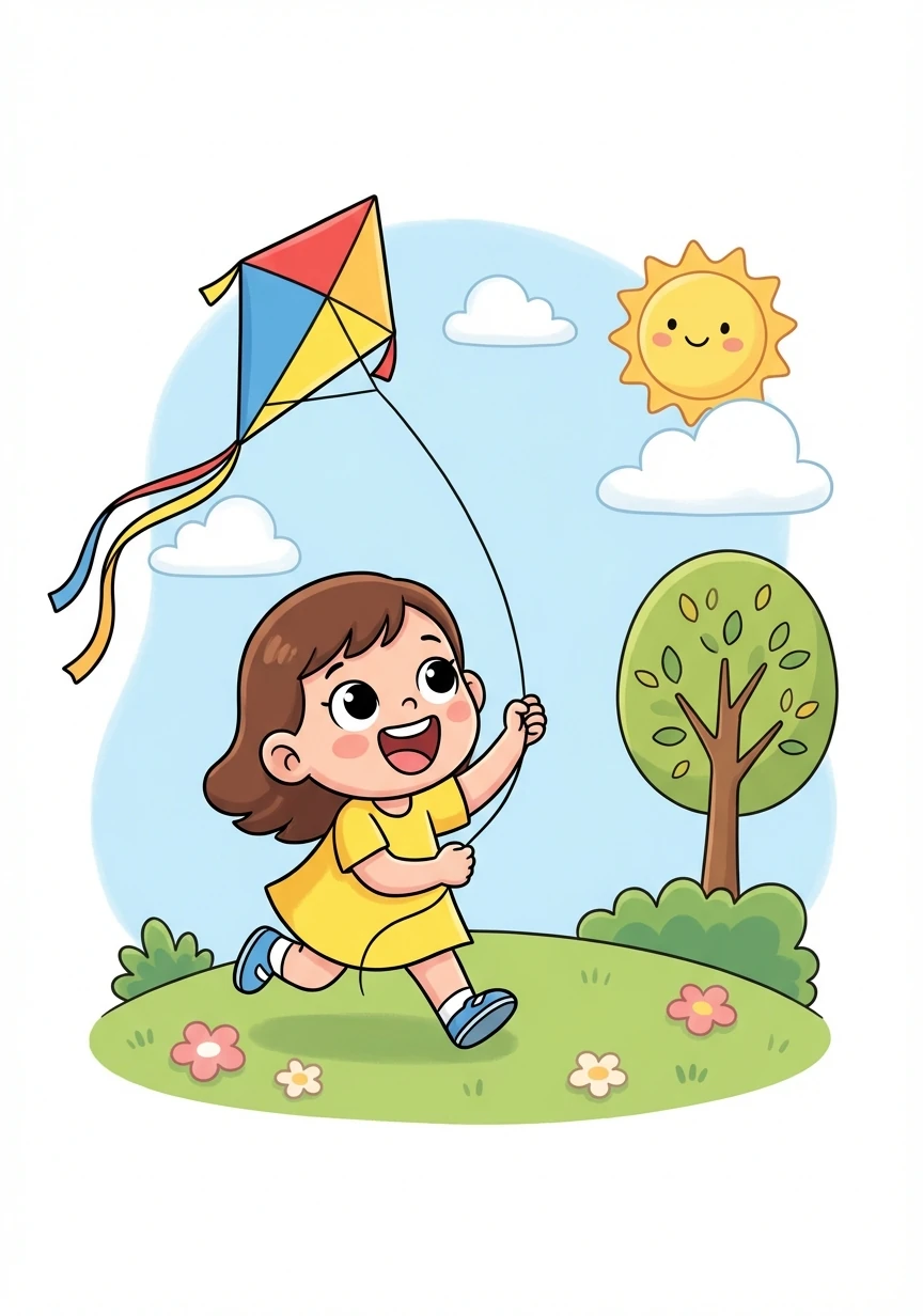 Letter: K. Word: Kite. Explanation: A toy that flies in the wind! Lily flies a bright kite in the park, laughing with joy.