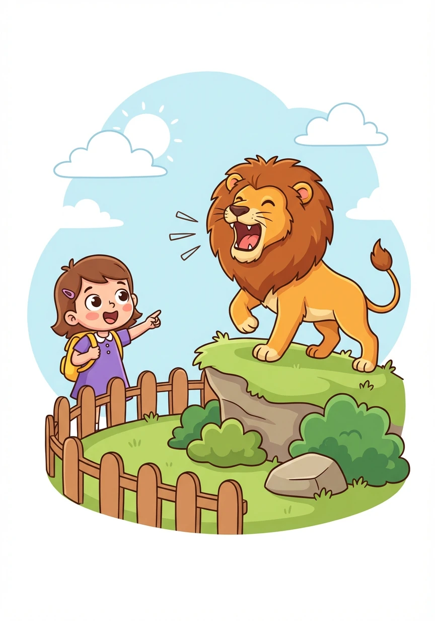 Letter: L. Word: Lion. Explanation: A big cat that roars! Lily sees a majestic lion at the zoo, roaring proudly.