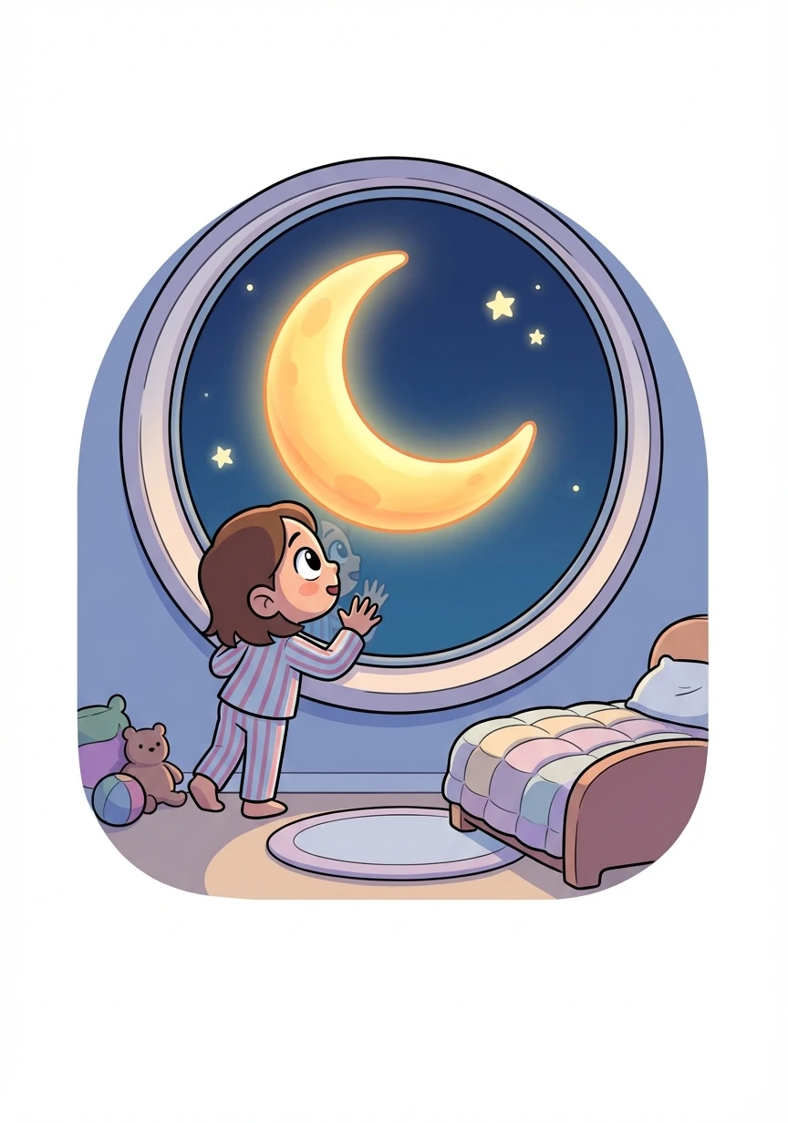Letter: M. Word: Moon. Explanation: A bright light in the night sky! Lily gazes at the glowing moon through her bedroom window.