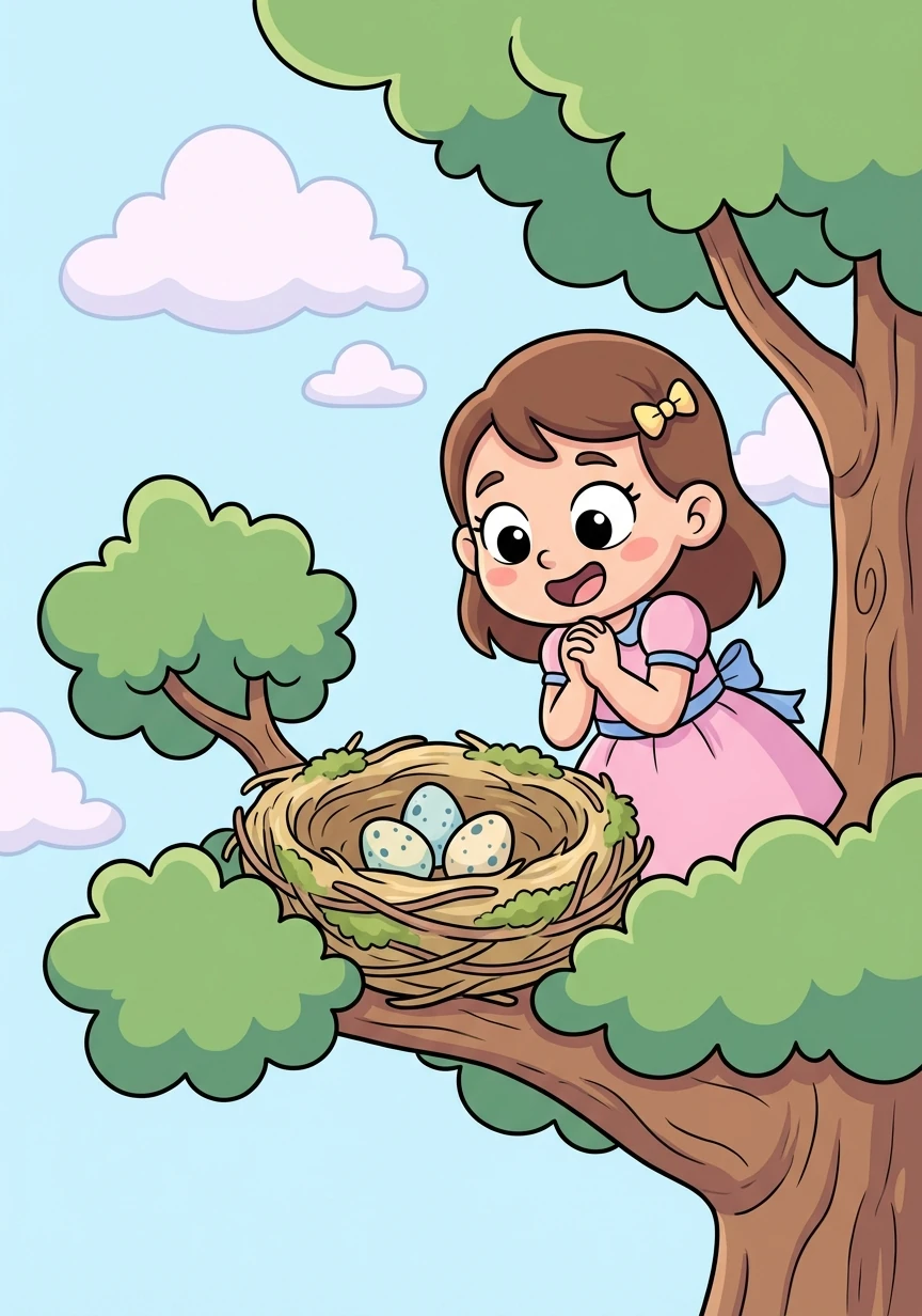 Letter: N. Word: Nest. Explanation: A home for birds! Lily observes a bird's nest in a tree, filled with tiny eggs.