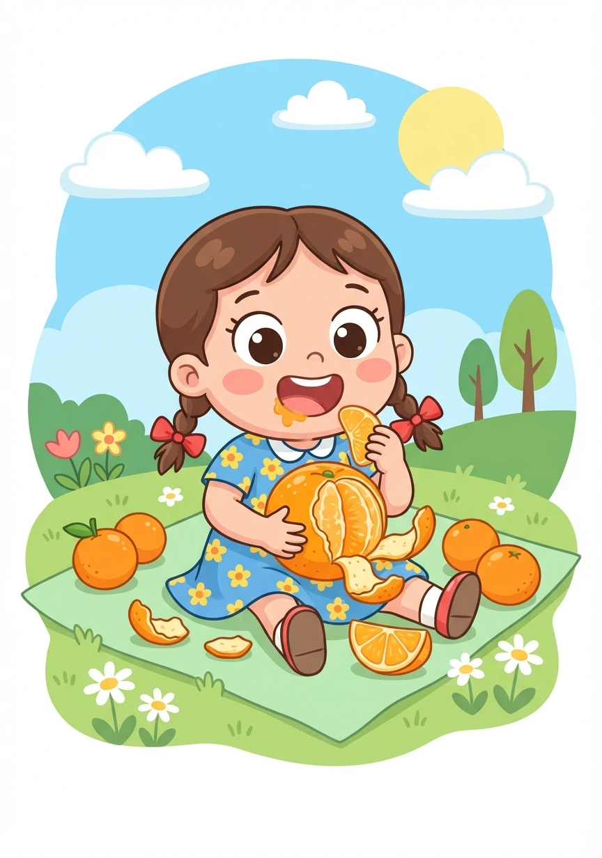 Letter: O. Word: Orange. Explanation: A round fruit that is orange! Lily peels a juicy orange, ready to eat a slice.
