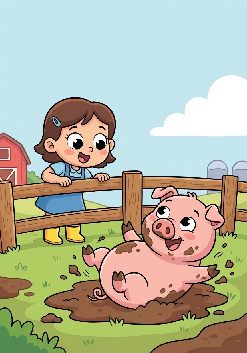 Letter: P. Word: Pig. Explanation: An animal that says 'Oink'! Lily visits a farm and sees a muddy pig rolling in the dirt.