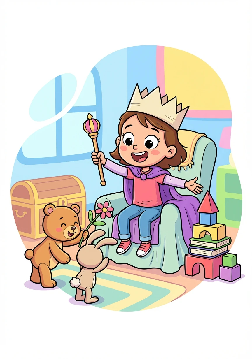 Letter: Q. Word: Queen. Explanation: A woman who rules a kingdom! Lily imagines herself as a kind and beautiful queen.