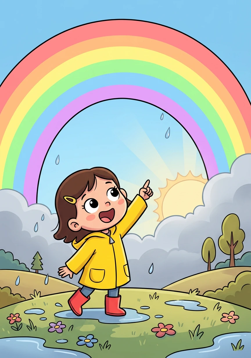 Letter: R. Word: Rainbow. Explanation: A colorful arch in the sky after it rains! Lily marvels at a vibrant rainbow after a storm.