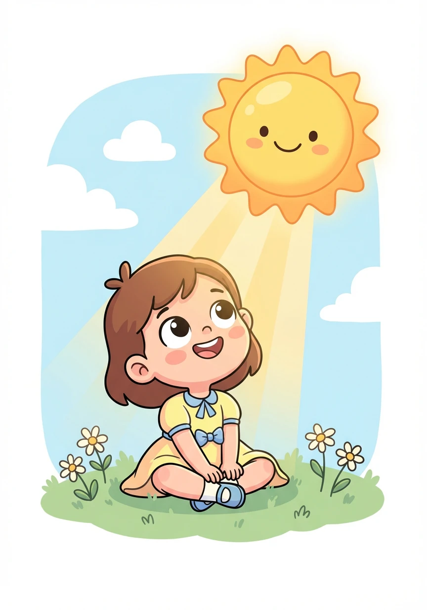 Letter: S. Word: Sun. Explanation: A big star that gives us light and warmth! Lily basks in the warm sunshine, smiling happily.