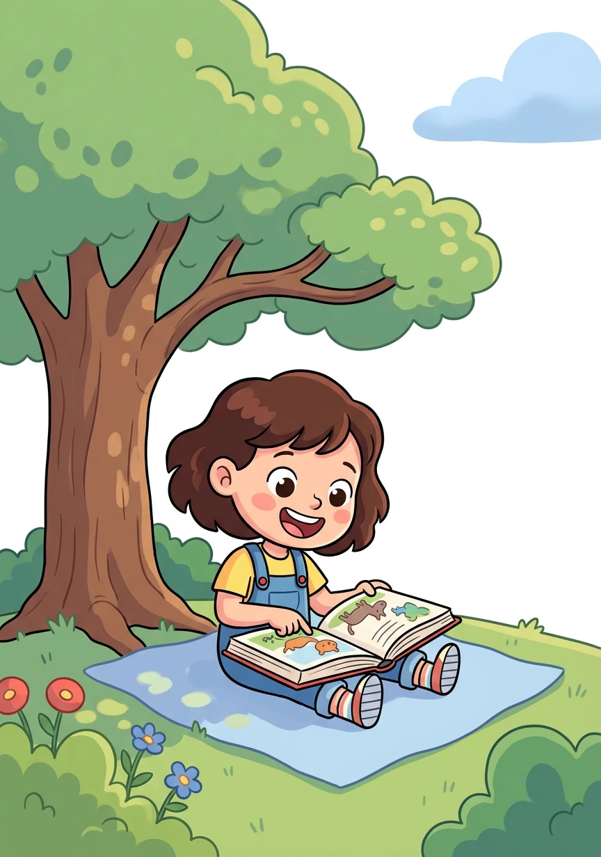 Letter: T. Word: Tree. Explanation: A tall plant with leaves! Lily sits under a shady tree, reading a book.