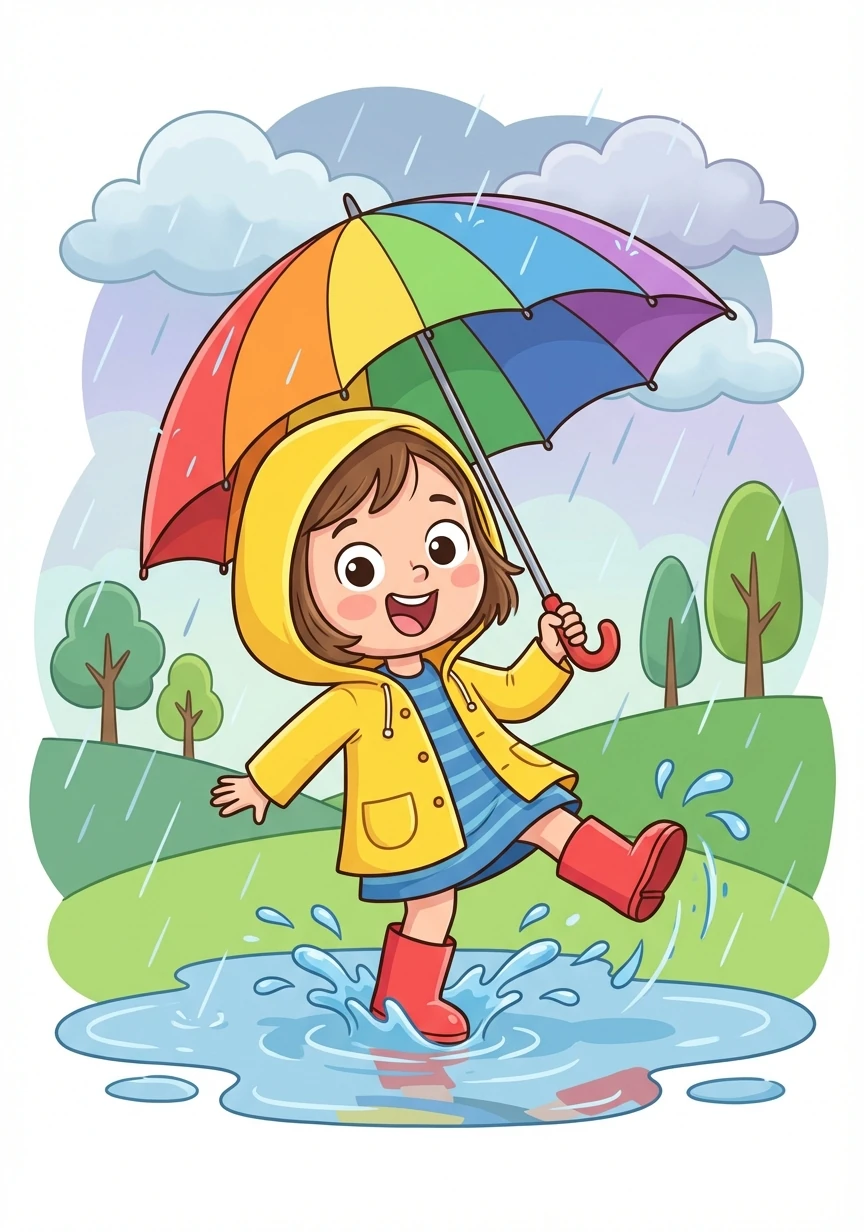 Letter: U. Word: Umbrella. Explanation: Something that keeps you dry in the rain! Lily holds a colorful umbrella, splashing in puddles.