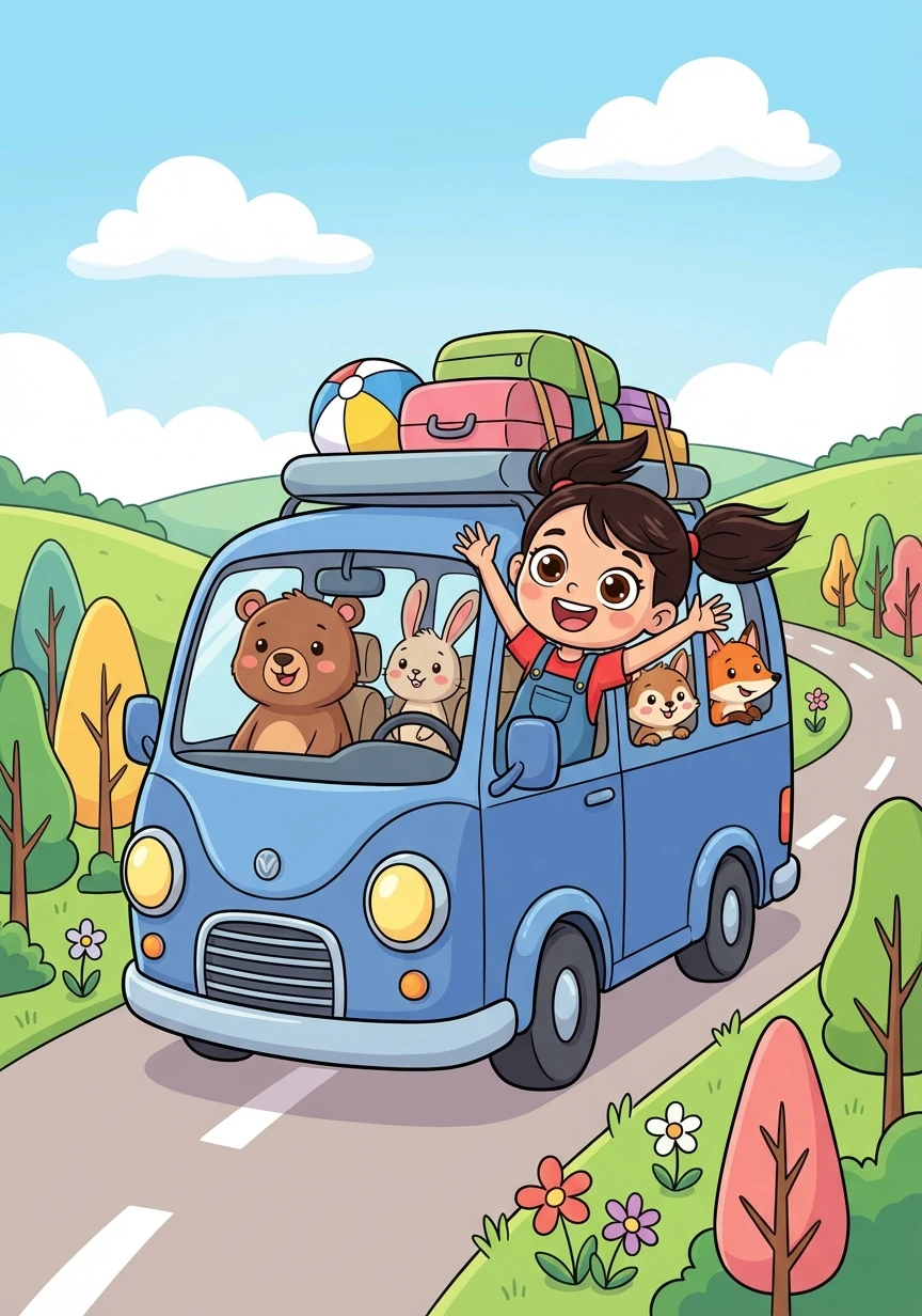 Letter: V. Word: Van. Explanation: A car that can carry lots of people! Lily goes on a fun road trip in a big blue van.