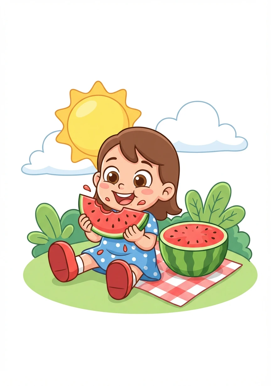 Letter: W. Word: Watermelon. Explanation: A big green fruit with red inside! Lily enjoys a slice of refreshing watermelon on a summer day.
