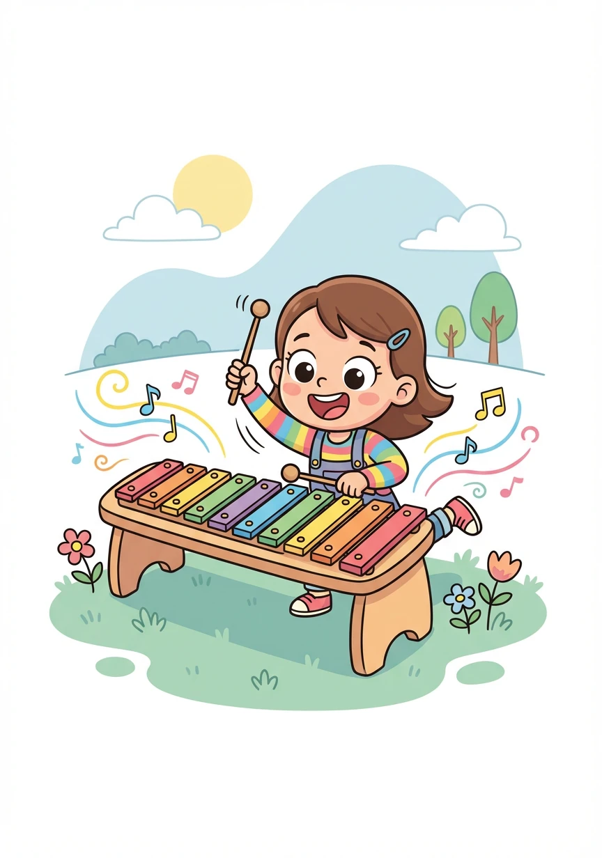 Letter: X. Word: Xylophone. Explanation: A musical instrument you play with sticks! Lily plays a xylophone, creating a cheerful melody.