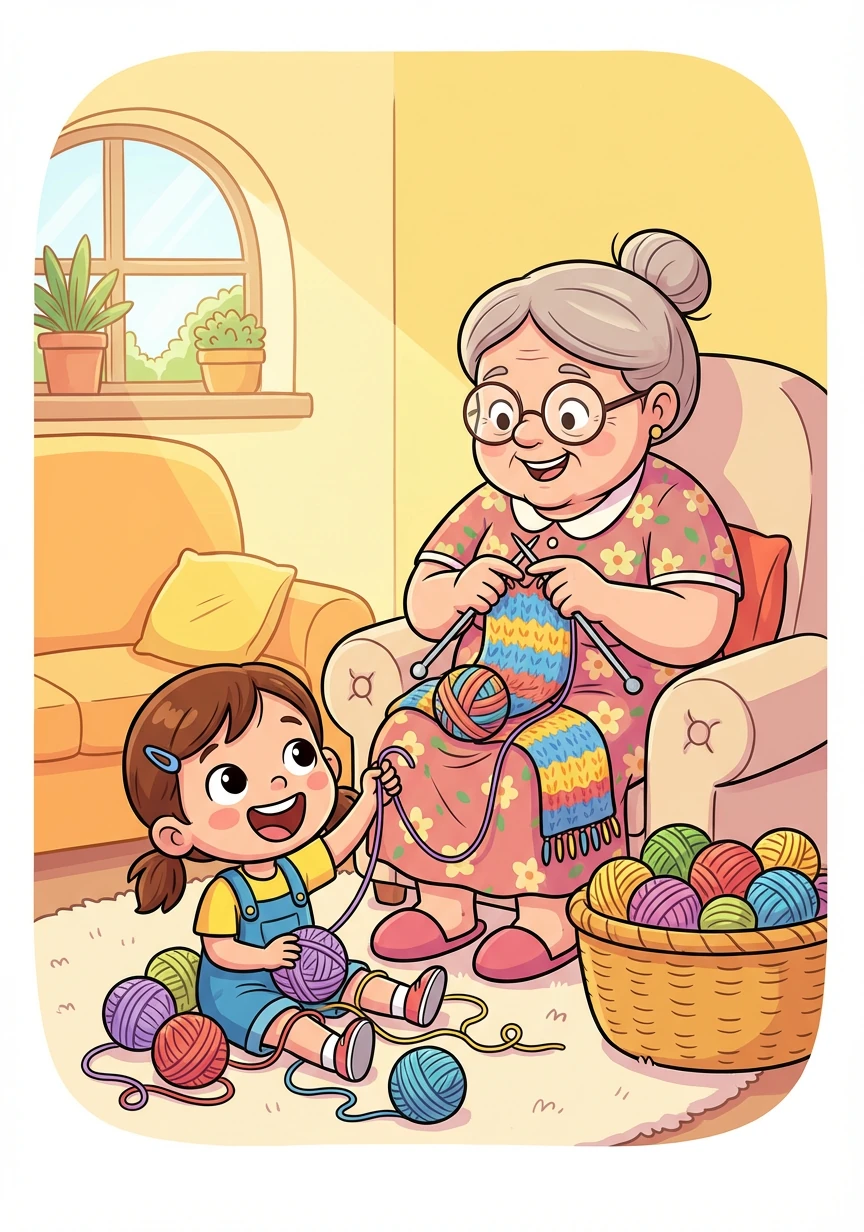 Letter: Y. Word: Yarn. Explanation: Soft string used for knitting! Lily's grandmother knits with colorful yarn, making a cozy scarf.