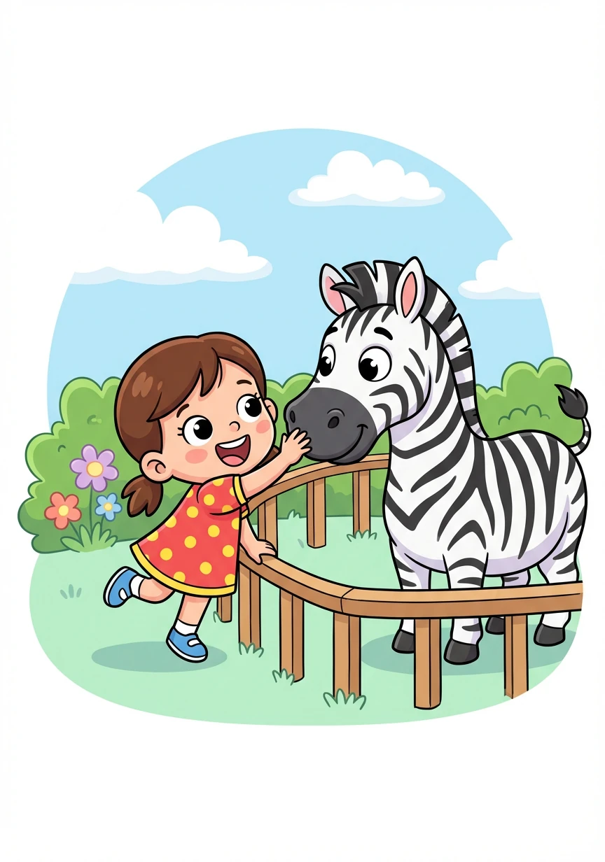 Letter: Z. Word: Zebra. Explanation: An animal with black and white stripes! Lily admires a zebra at the zoo, with its unique pattern.
