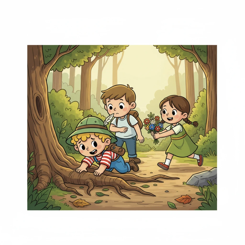 Najednou Marek zakopl o kořen a spadl. Vilík, se zájmem, se hned ptal, jestli se mu něco stalo. Esterka přiběhla a podala mu kytičku, aby se rozveselil.