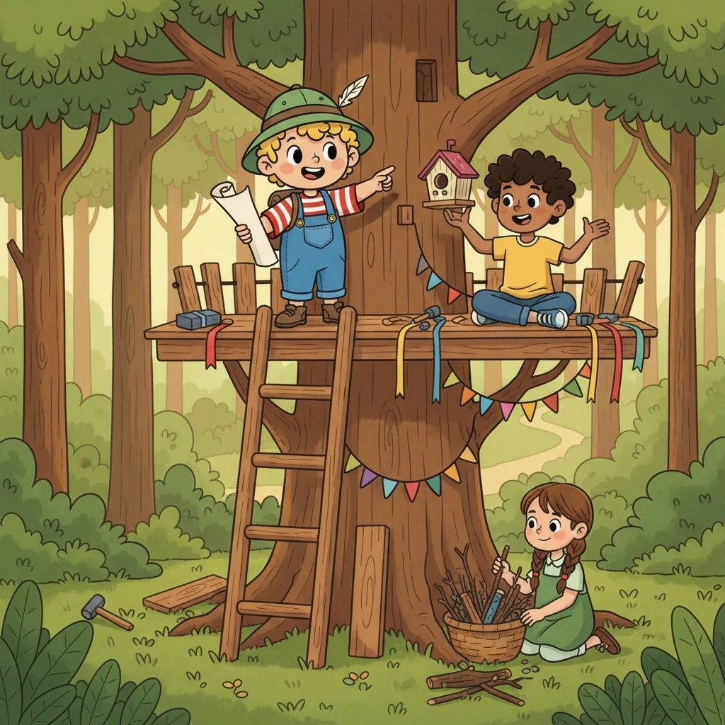 Děti se rozhodly, že si postaví domeček na stromě. Marek navrhoval, jak ho udělat pevný. Vilík vymýšlel, jak ho ozdobit, a Esterka sbírala větvičky.