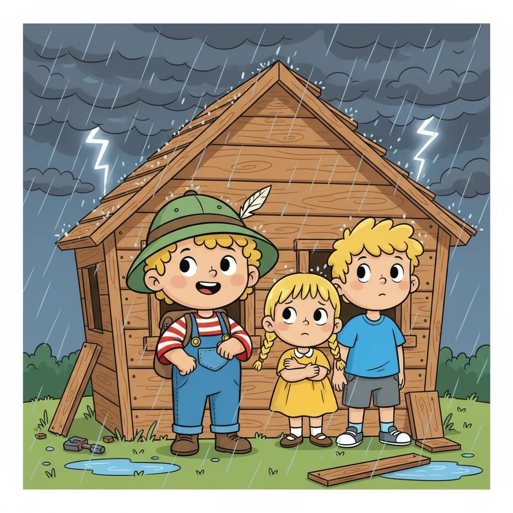 Během stavění se objevila bouřka. Děti se schovaly do domečku, který se jim už skoro podařilo postavit. Marek se nebál, Vilík se zajímal o blesky a Esterka se tulila k bratrovi.