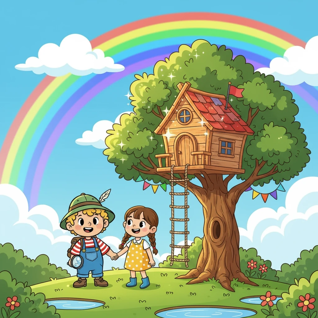 Po bouřce se objevila duha. Domeček na stromě se třpytil v slunečním světle. Děti se držely za ruce a radovaly se z toho, co společně dokázaly.