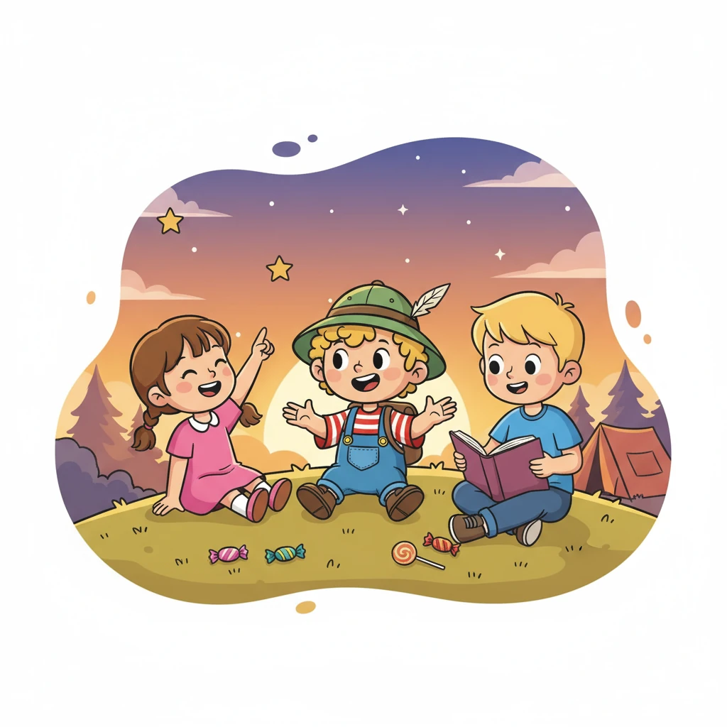 Večer, když slunce zapadalo, si děti sedly a vyprávěly si o svém dni. Marek vyprávěl o sportu, Vilík o tom, co se naučil, a Esterka se smála a ukazovala na hvězdy.  Zasloužili si sladkou odměnu.