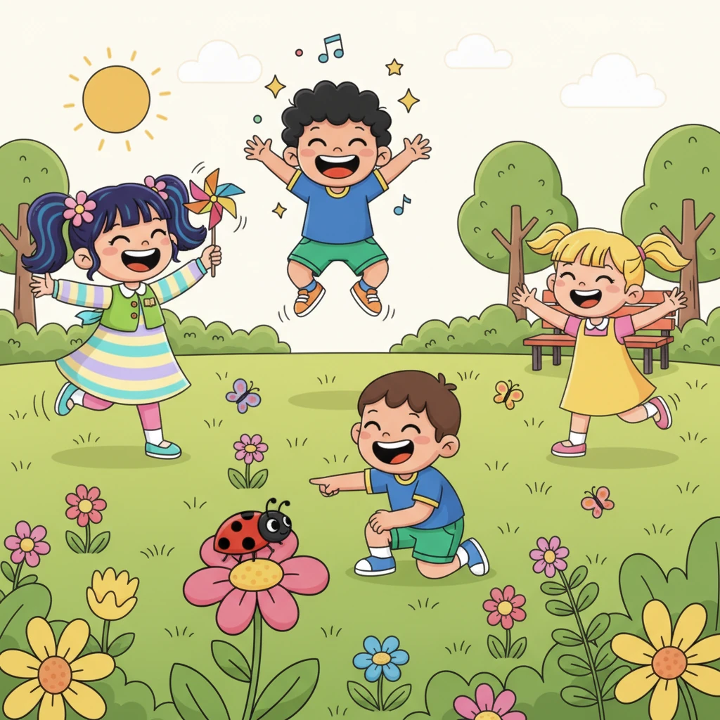 ایک دھوپ والے دن، چار ہنستے مسکراتے بچے ایک خوبصورت، رنگین پارک میں کھیل رہے تھے۔ ہر طرف چمکدار پھول اور سبز گھاس تھی، اور بچے خوشی سے اچھل کود کر رہے تھے۔