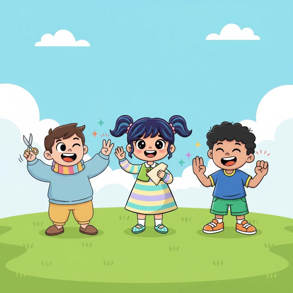 وہ سب ایک ساتھ مل کر "راک-پیپر-سِیزرز" کھیل رہے تھے، ان کے چہرے پر جوش اور ہنسی تھی۔ ان کے ہاتھ تیزی سے کاغذ، پتھر، اور قینچی بناتے ہوئے ہوا میں اڑ رہے تھے۔