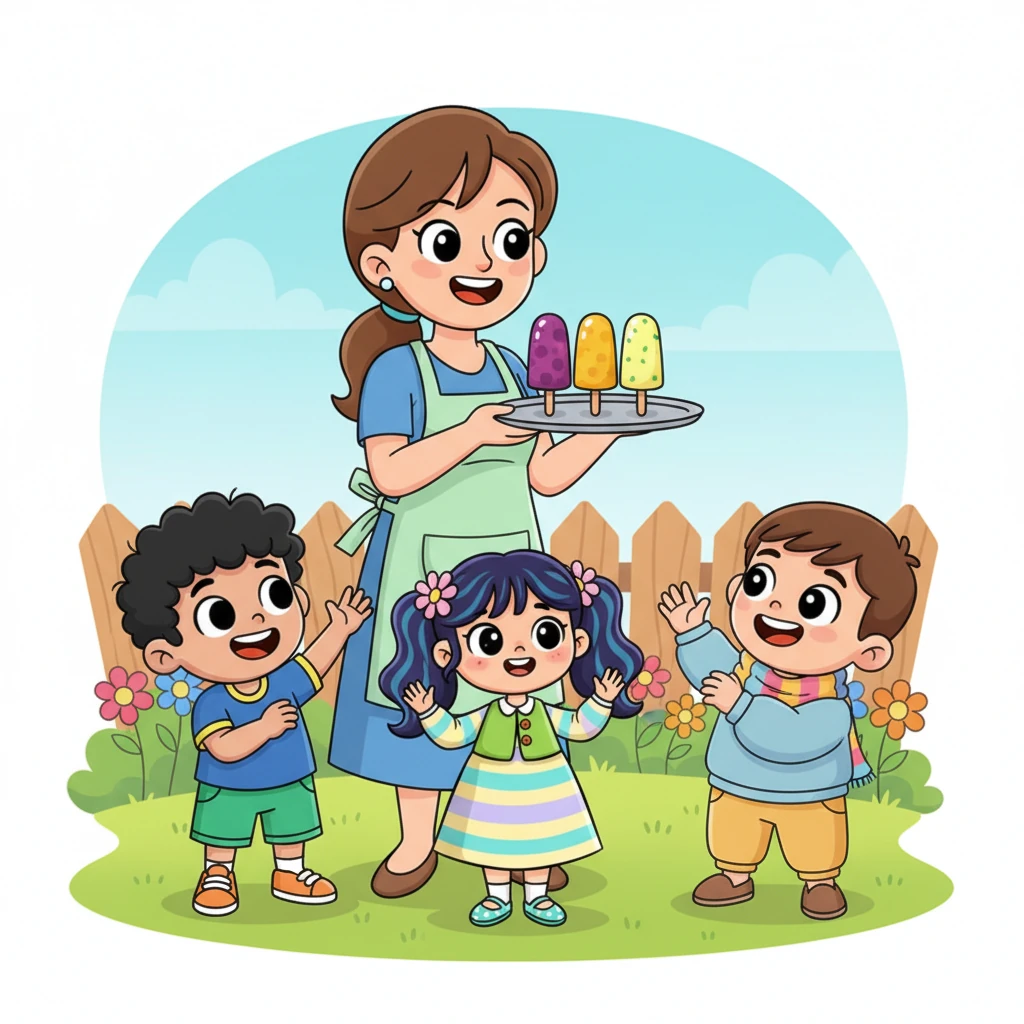 کھیل ختم ہونے کے بعد، ایک پیاری سی امی ایک بڑی سی ٹرے لے کر آئیں جس پر تین چمکدار، ٹھنڈی کلفیاں سجی تھیں۔ ایک جامنی انگور کی، ایک سنہری آم کی، اور ایک پیلی لیموں کی۔