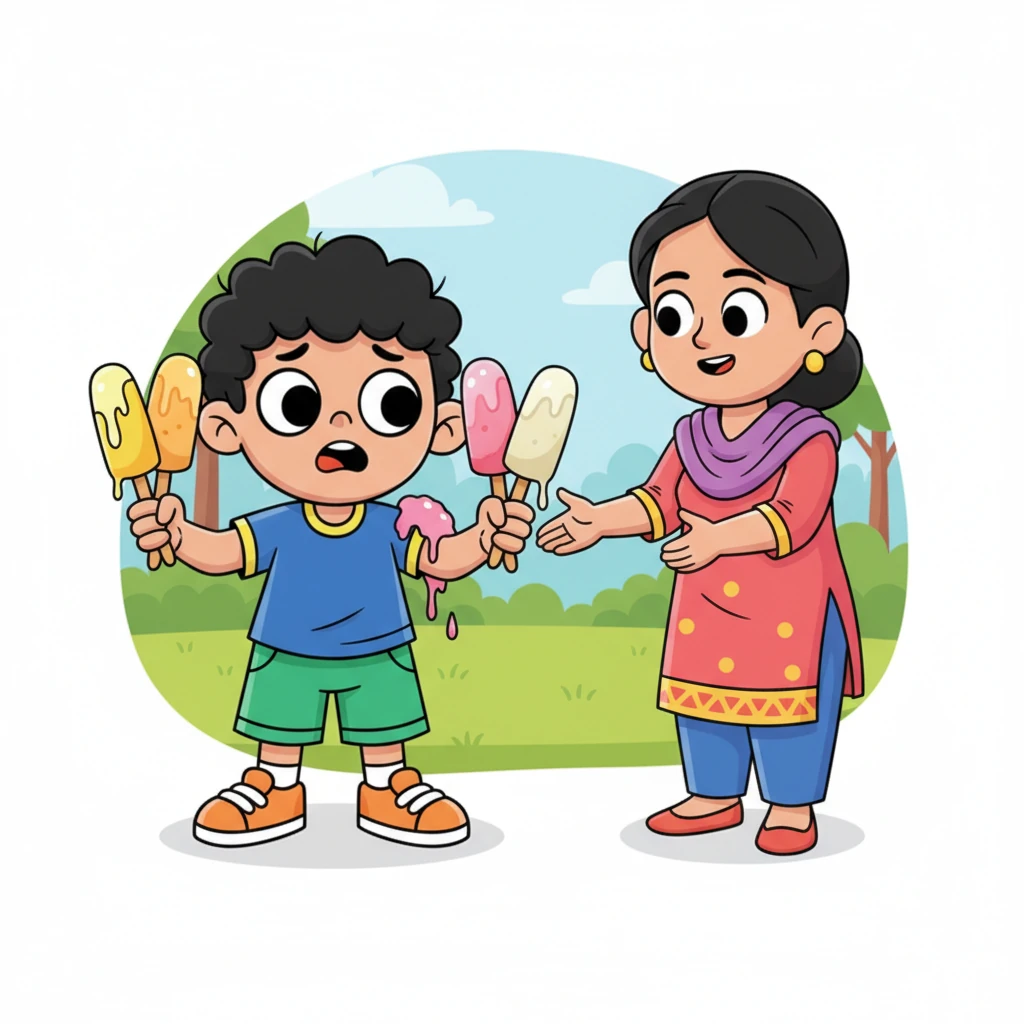 امی نے اسے سمجھایا، لیکن علی کی ضد پر، انہوں نے اسے تینوں کلفیاں دے دیں۔ علی نے انہیں مشکل سے اپنے چھوٹے ہاتھوں میں پکڑا، جو اس کے لیے بہت زیادہ تھیں۔