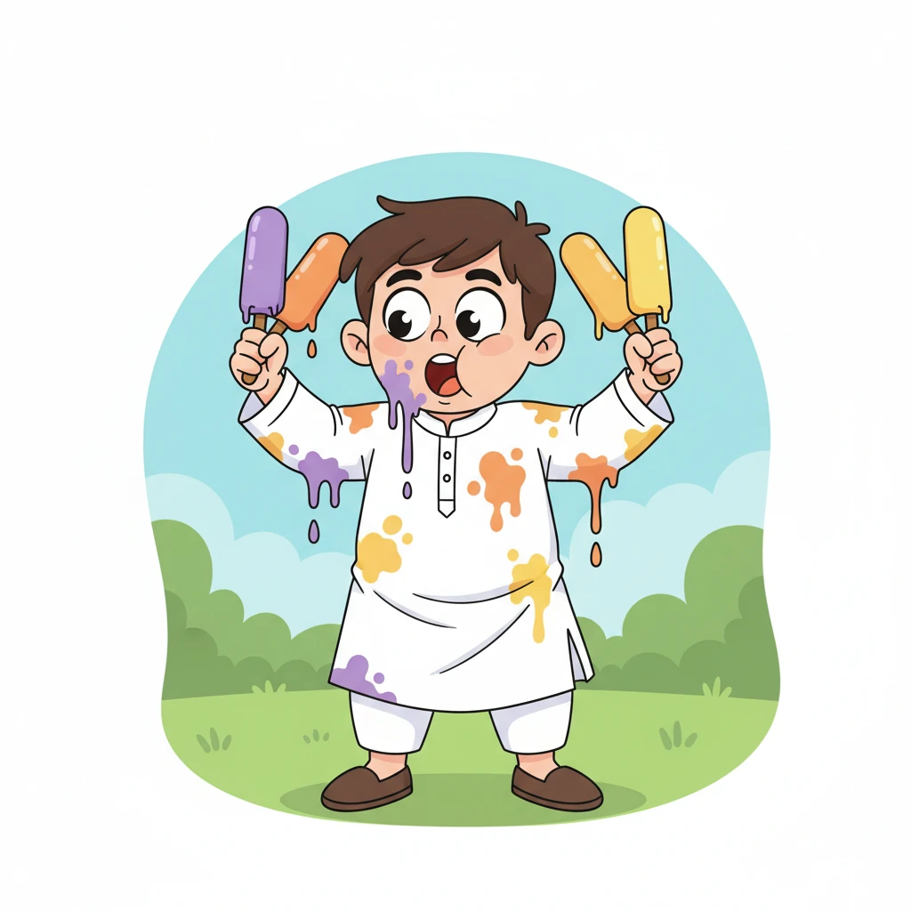 علی نے ایک ساتھ تین کلفیاں کھانے کی کوشش کی، لیکن وہ بہت تیزی سے پگھلنے لگیں۔ رنگین کلفی اس کی شرٹ پر ٹپکنے لگی، جس سے اس کی سفید قمیض پر جامنی، نارنجی، اور پیلے رنگ کے بڑے دھبے بن گئے۔