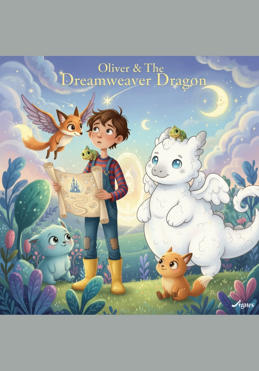 The boy draws a swirling door on a blank page, and suddenly he is standing in a vibrant forest where the trees have trunks of silver and leaves made of colorful stained glass. Sunlight filters through the canopy, casting kaleidoscopic patterns across the mossy ground as clockwork birds chirp from the metallic branches. Every detail he imagined has come to life in a breathtaking display of light and color.