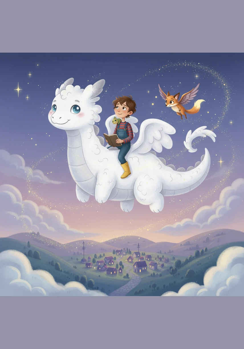 To find his way back, Oliver sketches a gentle dragon composed of soft white clouds and shimmering stardust to carry him through the evening sky. They soar high above a miniature village as the first stars begin to twinkle, drifting peacefully over the horizon. As he touches the final page, he realizes that his imagination is a map to endless worlds yet to be drawn.