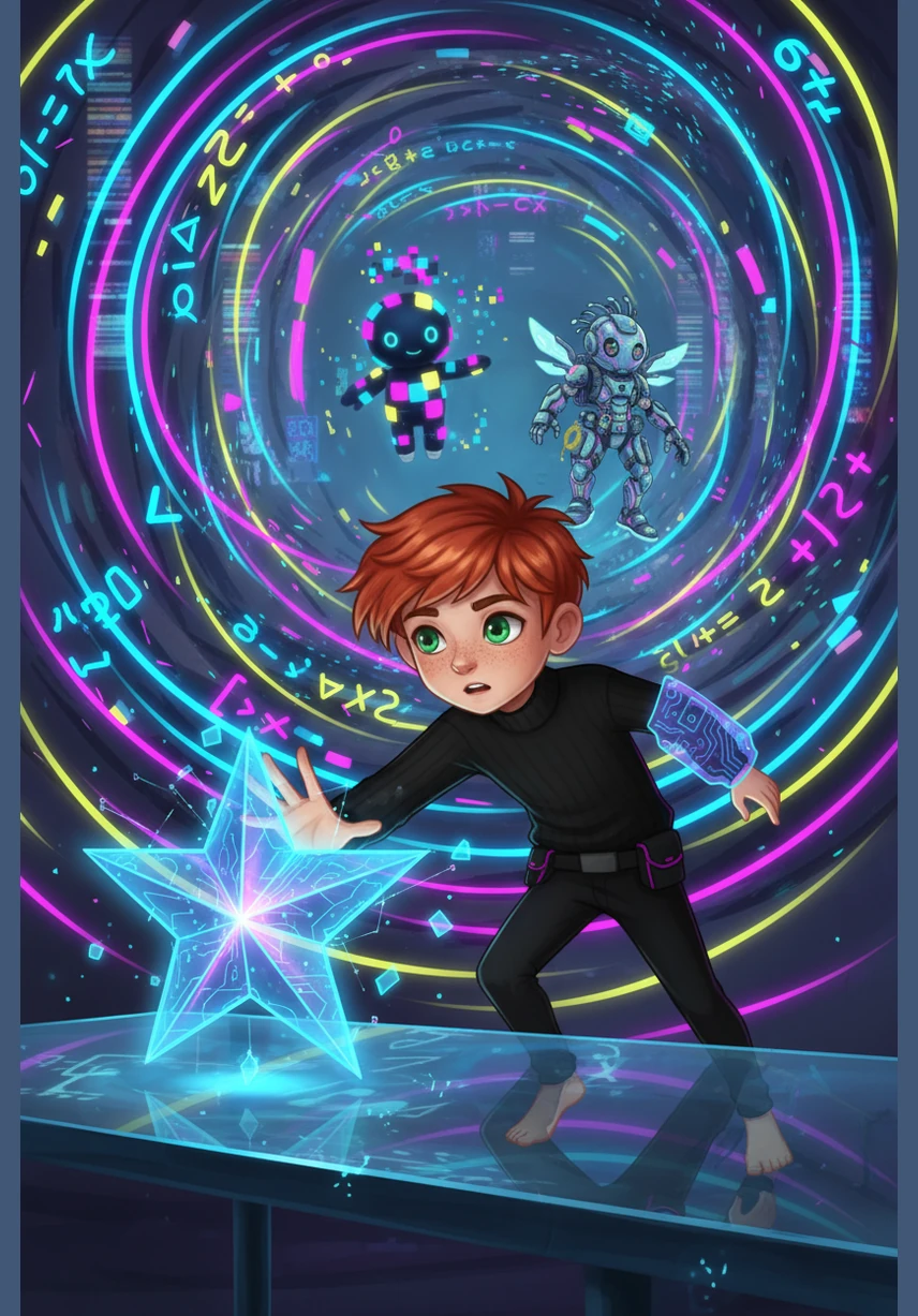 When Sasha reached out to touch a shimmering star on the desktop, his finger didn't hit glass but sank into a warm, humming mist. With a sudden whoosh, he was pulled into a swirling tunnel of neon lines and glowing mathematical symbols.