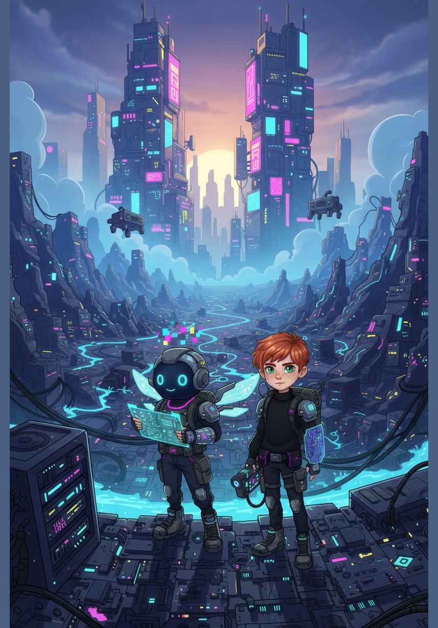 Bit led Sasha toward the Hardware Highlands, where massive green circuit boards stretched out like vast plains. Giant cooling fans whirred like windmills in the distance, keeping the humming ground beneath their feet from getting too warm.