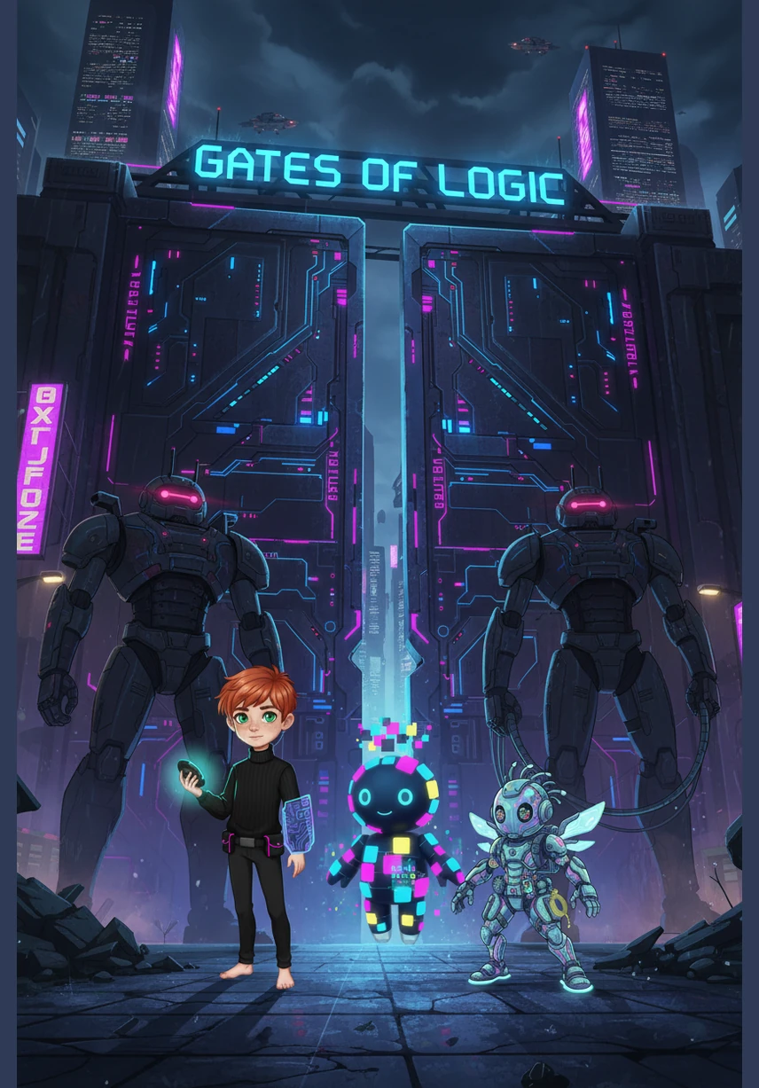 They soon arrived at the Gates of Logic, where two paths were blocked by glowing barriers. Sasha learned he had to choose the right path by following the rules of AND and OR, discovering that simple choices could open the most difficult doors.
