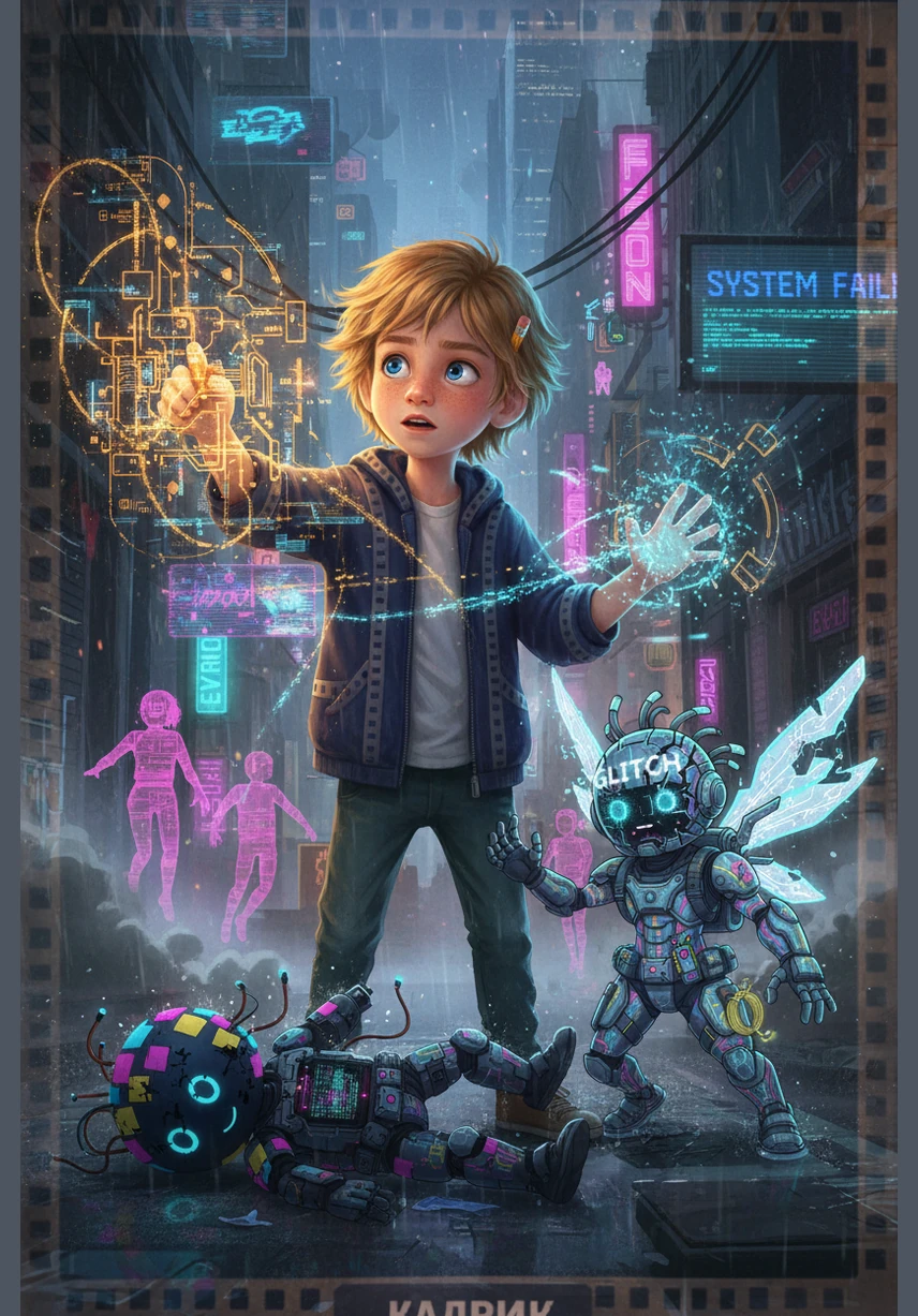 Suddenly, a fuzzy purple creature known as a Glitch appeared and began tangling the neat lines of code like messy yarn. The colors of the world started to fade and flicker, and Sasha realized he had to help find the 'bug' to save the day.