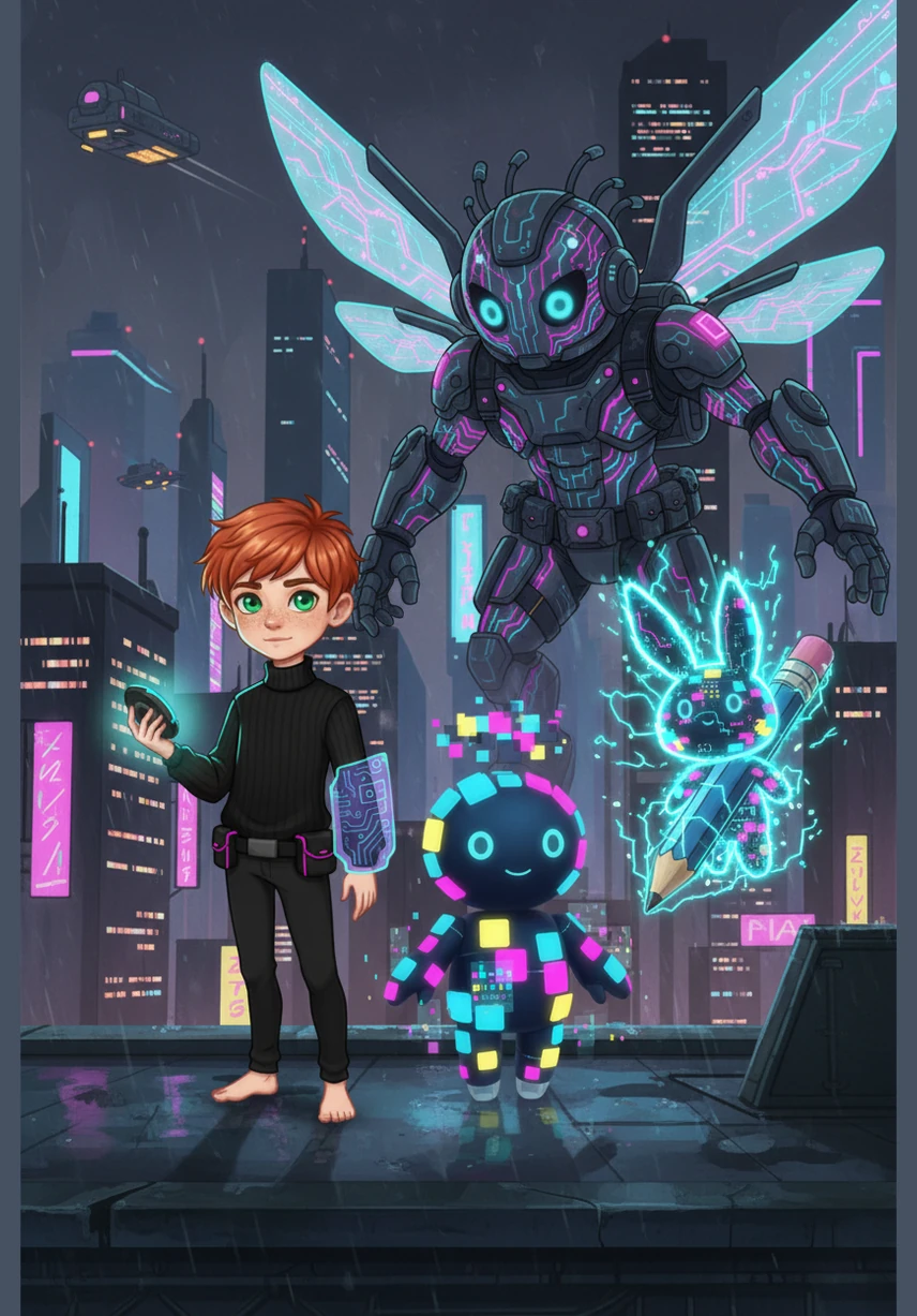 Using a glowing wand of instructions, Sasha organized the messy code into a perfect sequence. He created a clever 'loop' that made the Glitch tidy up its own mess until the lines of code were straight and the colors returned to normal.