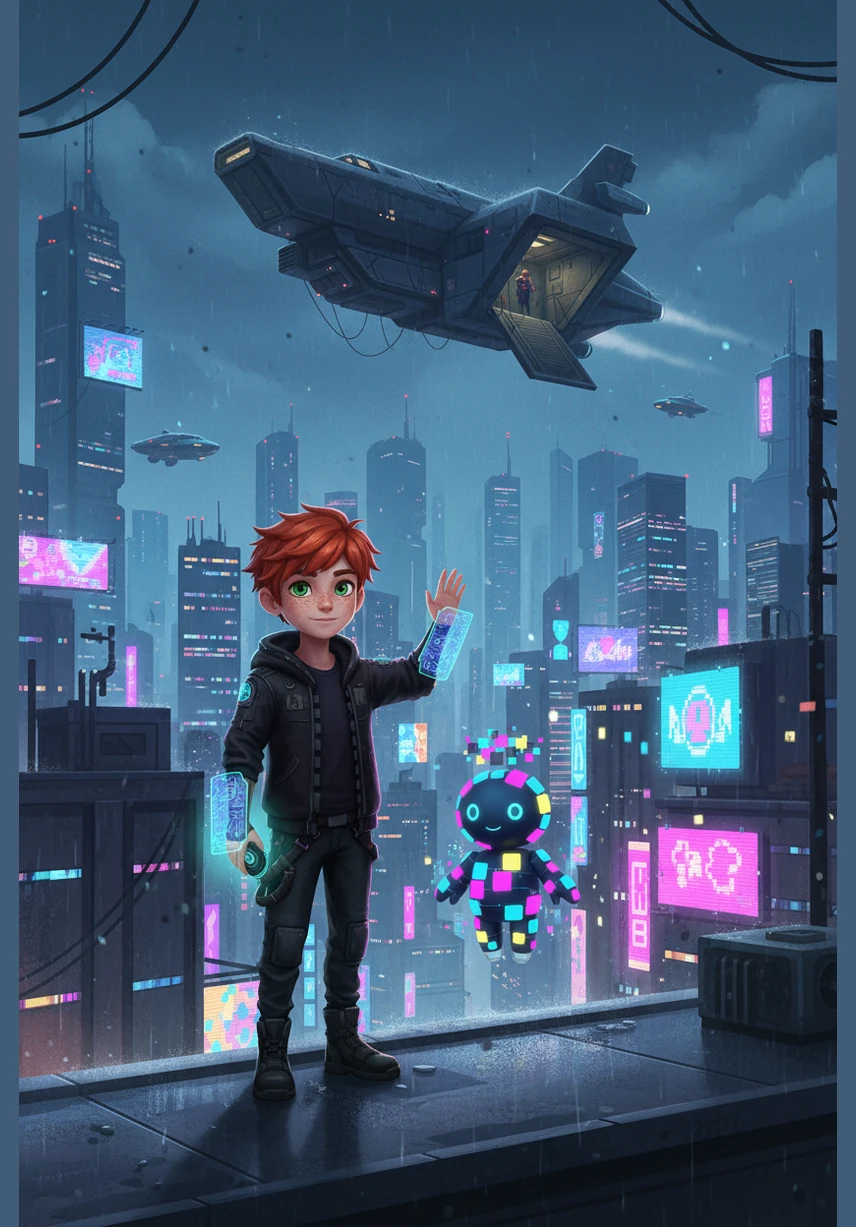 With the kingdom restored, Sasha waved a fond goodbye to Bit and stepped through a portal of light. He found himself back in his chair, smiling at his computer, knowing that the magic of technology was something he could create himself.