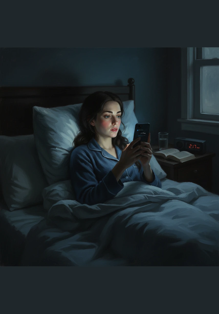 Elara lies in her dimly lit bedroom, the blue light of her phone illuminating her face at 2:17 AM. She waits for a response to a message she sent, but the screen only shows a cold silence as the minutes tick by.