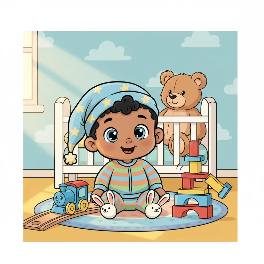Baby Ooga, a round-cheeked little one, sat happily amidst his colorful toys in his sun-drenched nursery. Bright blocks were stacked precariously, a fluffy teddy bear watched from the bed, and a cheerful toy train rested on its track. Baby Ooga's eyes sparkled with innocent wonder, ready for a day of playful adventures.