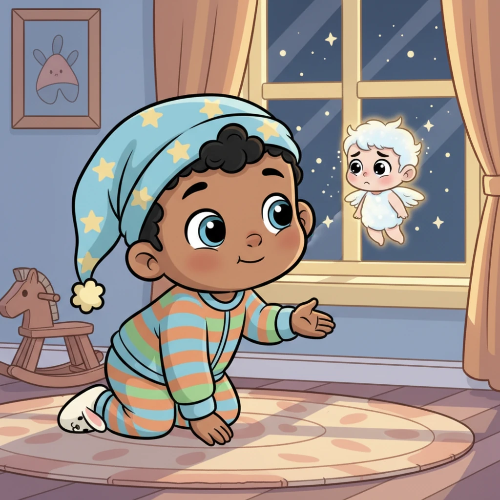 Suddenly, a tiny, shimmering figure appeared near the window, no bigger than Baby Ooga's thumb. It was a little cloud-like sprite named Clarence, with big, sad eyes and no wings, looking forlorn as he gazed out at the sky. Baby Ooga, curious and gentle, spotted the distressed creature.