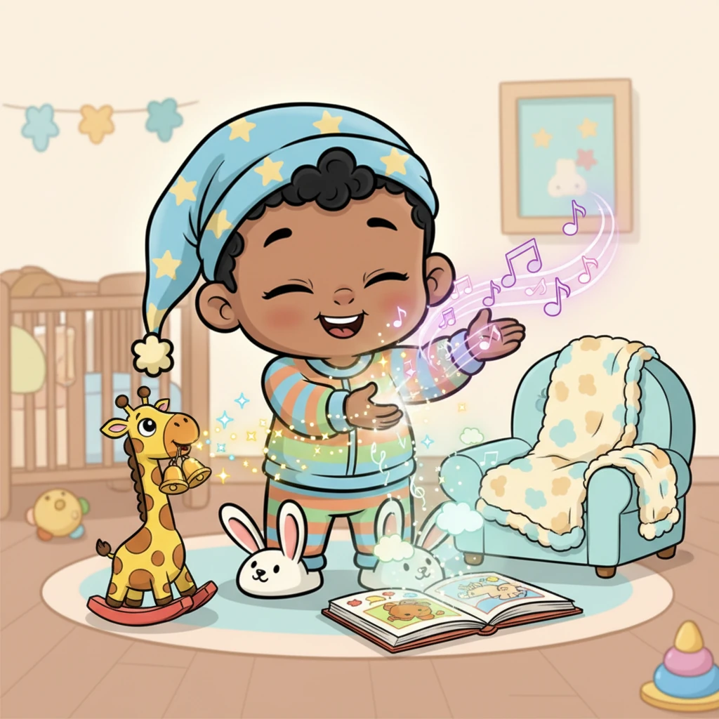 Baby Ooga closed his eyes, imagining a magical quest right there in his room. He "collected" the tinkling giggles from his wobbly toy giraffe, the soft, comforting hum from his favorite blanket, and the sleepy, contented sighs from his picture book. Each happy sound became a glowing, invisible spark.