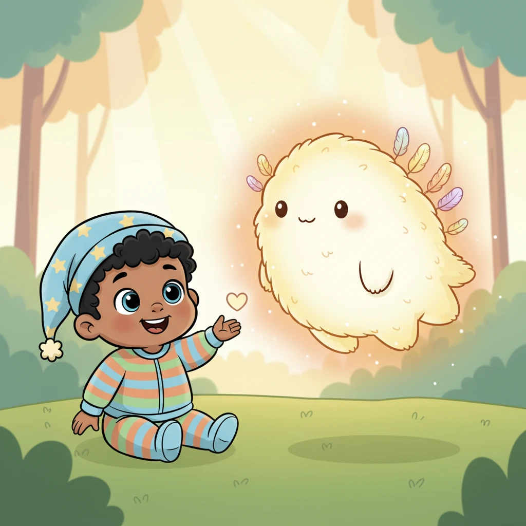 The faint glow around Clarence intensified, pulsing gently with every happy thought Baby Ooga offered. Tiny, translucent feathers, like delicate dewdrops, began to sprout along Clarence's back. They shimmered with all the colors of a sunrise.