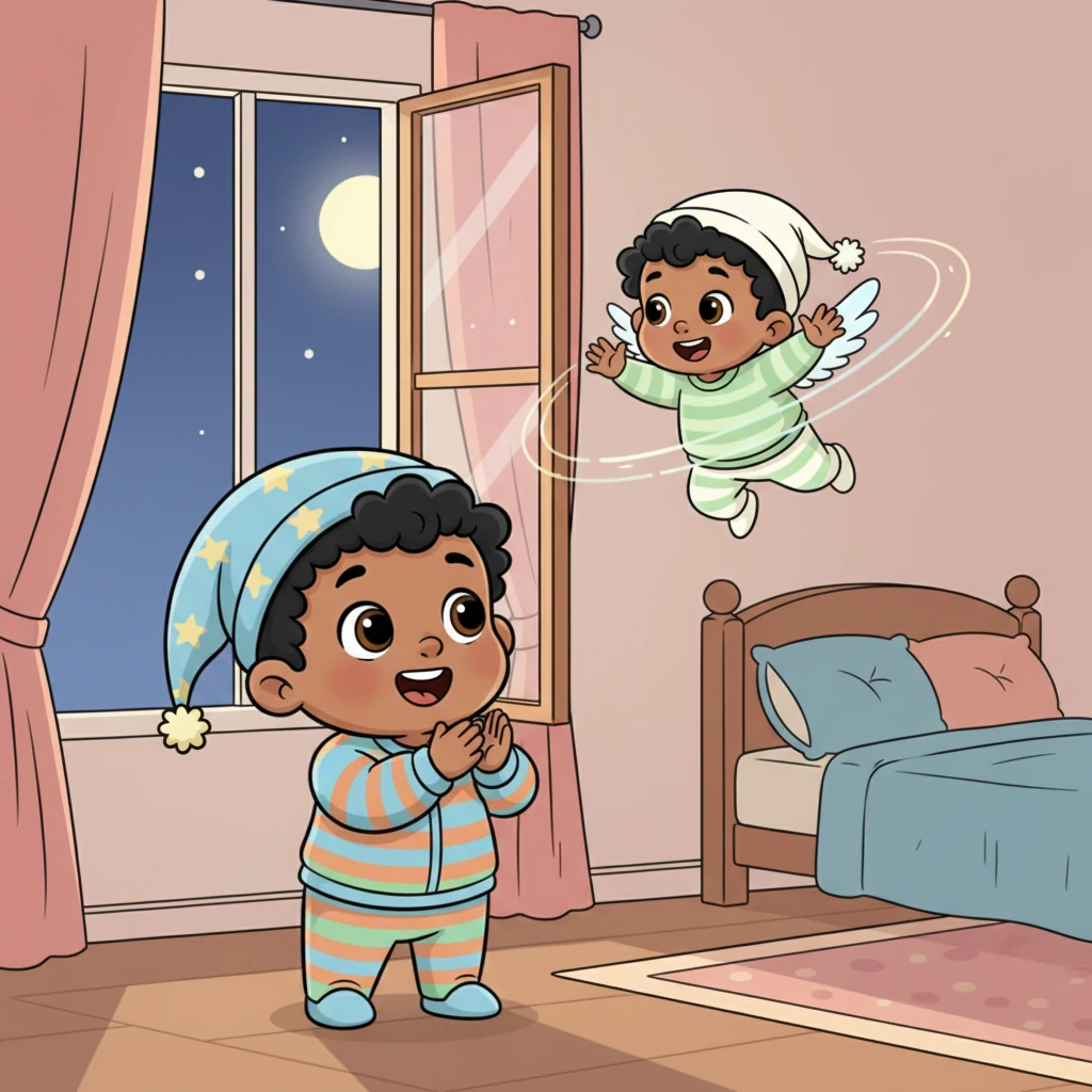 Clarence danced in the air, light and free, his new wings catching the soft light. He soared in happy circles around Baby Ooga, who clapped his little hands in delight. With a final, grateful wave, Clarence began to drift towards the open window, and Baby Ooga quickly hurried back to his cozy bed, knowing his friend was off to fly.
