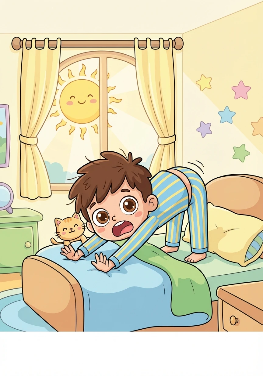 Tommy wakes up and stretches like a sleepy cat. The sun is shining, and it's time to start the day!