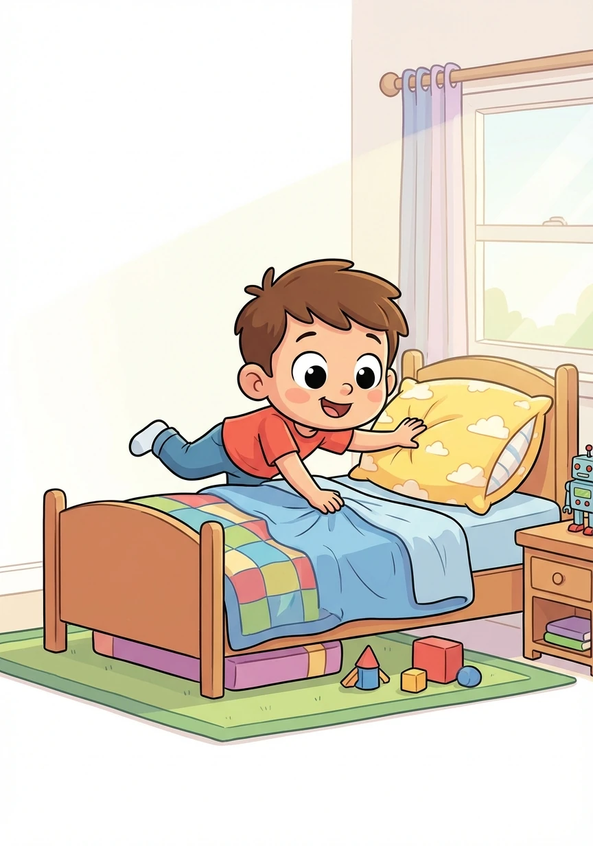 Instead of jumping out of bed, Tommy makes his bed neatly. He smooths the sheets and fluffs the pillows.