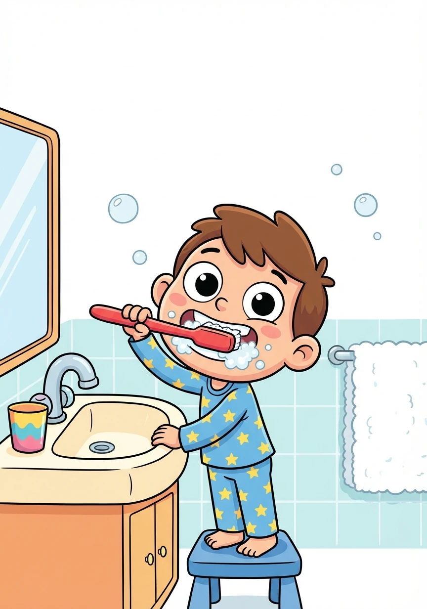 Tommy brushes his teeth with a big smile. He makes sure to brush all the way to the back!
