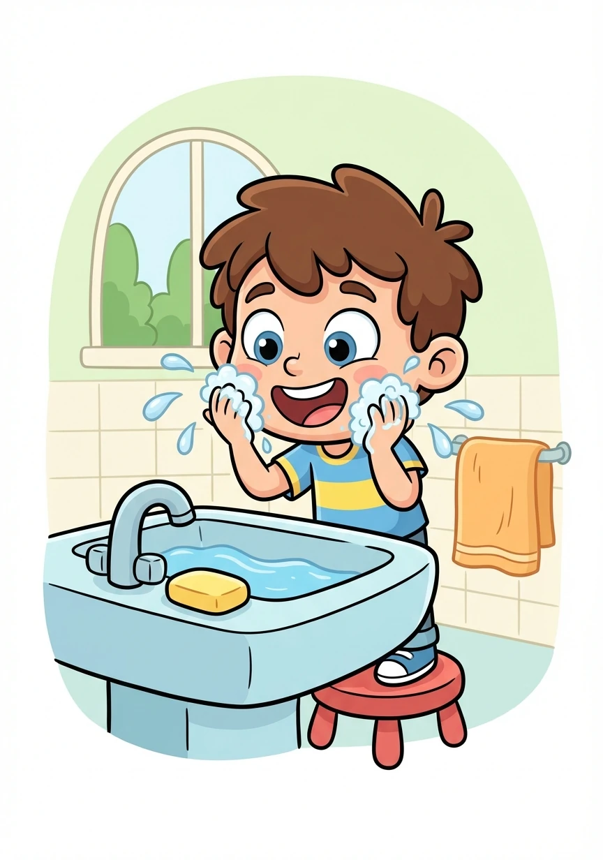 Next, Tommy washes his face and hands. He uses soap and water to get rid of any sleepiness.
