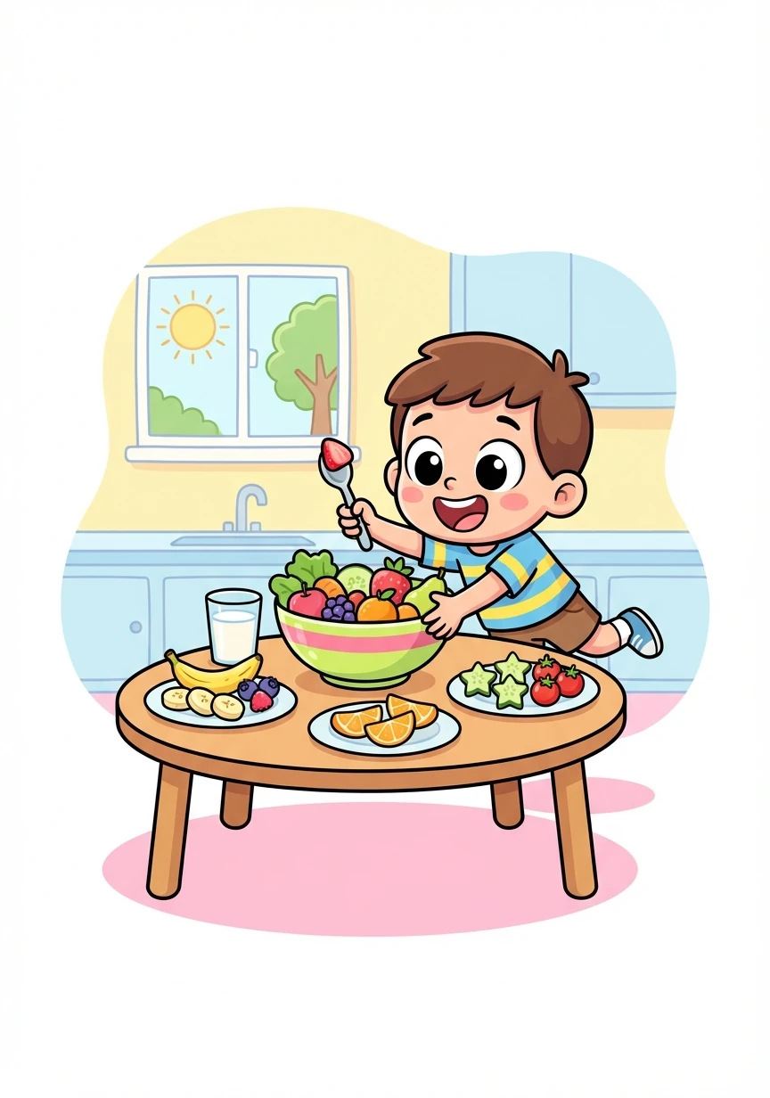It's breakfast time! Tommy eats a healthy meal with fruits and vegetables to give him energy.