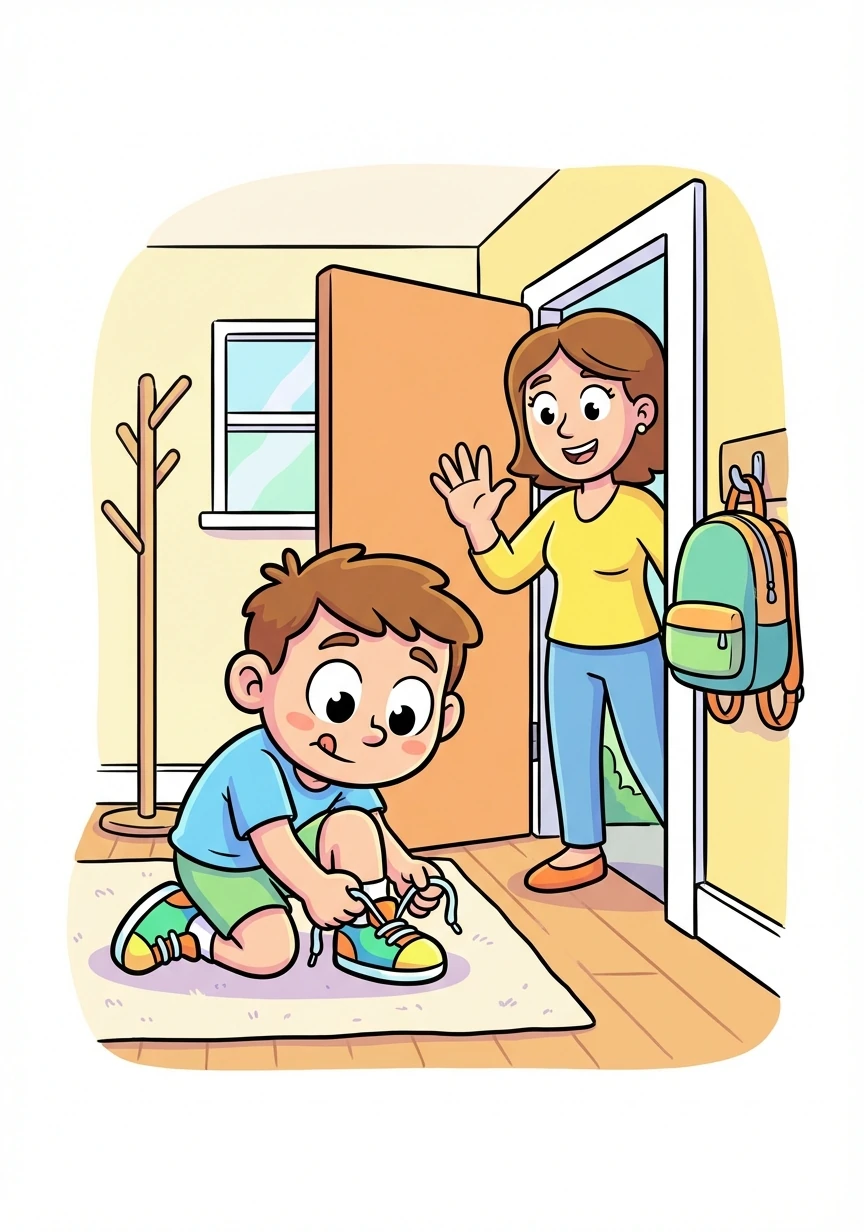 Tommy puts on his shoes and gets ready to play outside. He remembers to say goodbye to his mom.