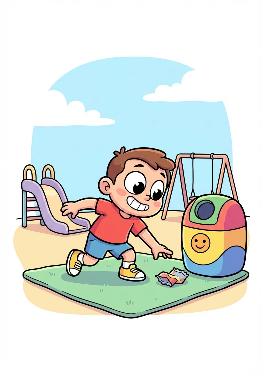 While playing, Tommy sees some trash on the ground. He picks it up and throws it in the bin.