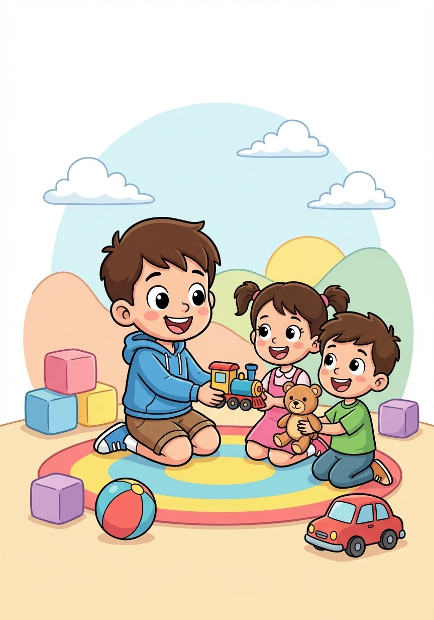 Tommy shares his toys with his friends. He likes to play together and have fun.