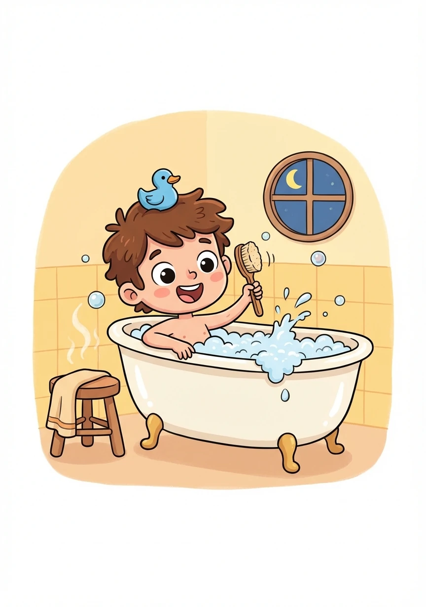 Before bedtime, Tommy takes a warm bath. He washes away all the dirt and has a relaxing time.